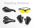 Set cycling gloves, saddle, yellow glasses. Vector illustration on a transparent